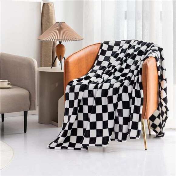 Throw Blankets Flannel Blanket with Checkerboard Grid Pattern Soft Throw - Picture 5 of 7